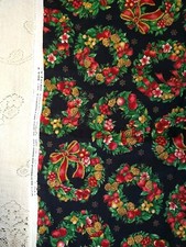 Christmas Wreaths On Black Cranston Cotton Fabric BTHY 1/2 Yard 18 x 44 Holly