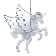 Silver Glittered Unicorn With Wings Ornament w