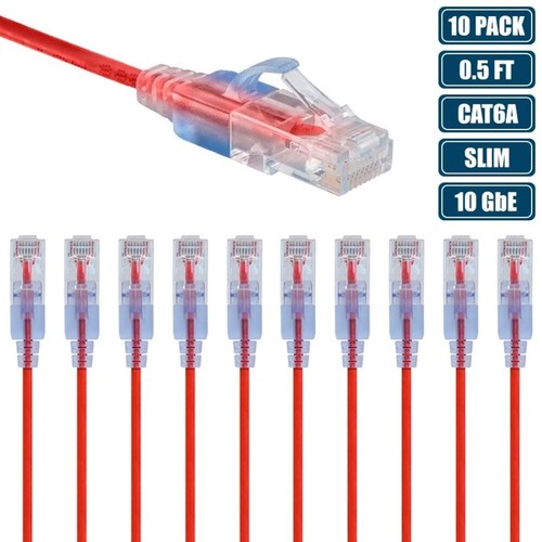10x 0.5FT CAT6A RJ45 Ethernet LAN Network Patch Cable Slim Cord 30AWG Router RED - 第 1/4 張圖片