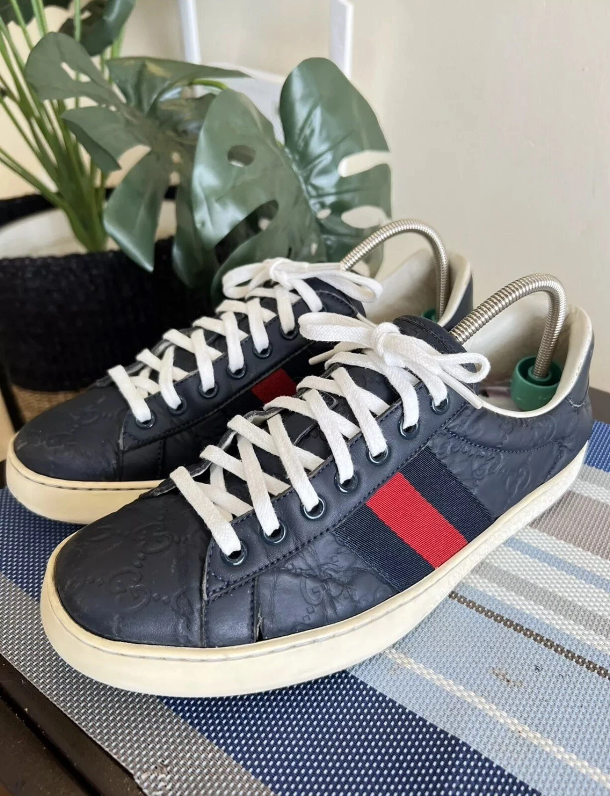 Baskets homme Gucci 386750 cuir marine toile rouge vert taille US 5,5    UK 5