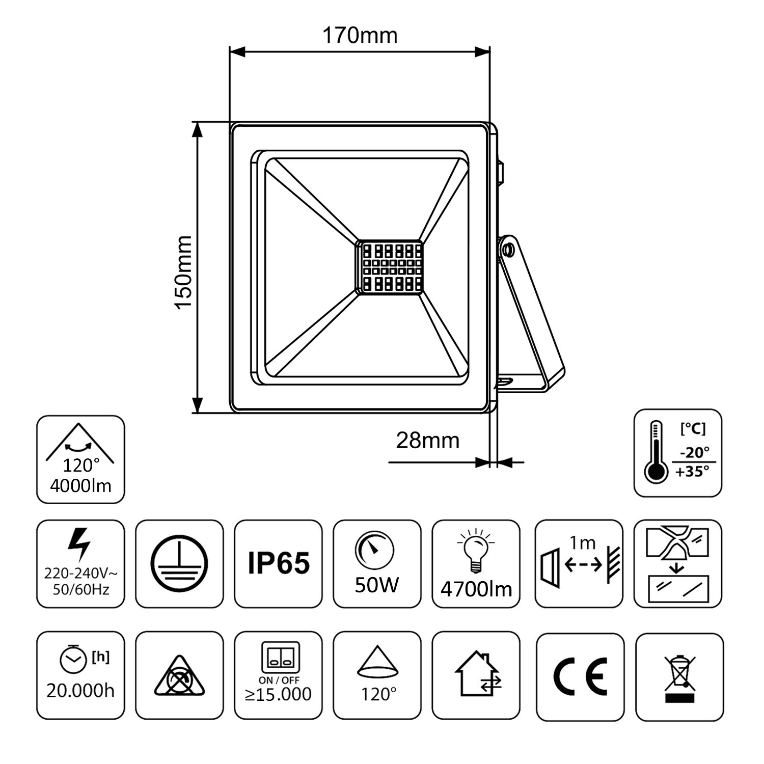 Lampe halogène de chantier blanche 50W MCE550 avec support