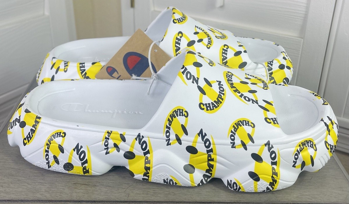 Champion Meloso Squish Smile/Smiley Face White/Yellow Slides  display picture 2