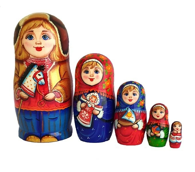 Matriochka Poupées Russes 5 Pièces - Bleu Et Blanc - Peinte à La Main Par Titova - Russie