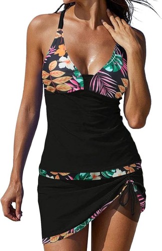 Womens Tankini Swimsuits with Drawstring Skirt Sexy Halter String Tankini Top