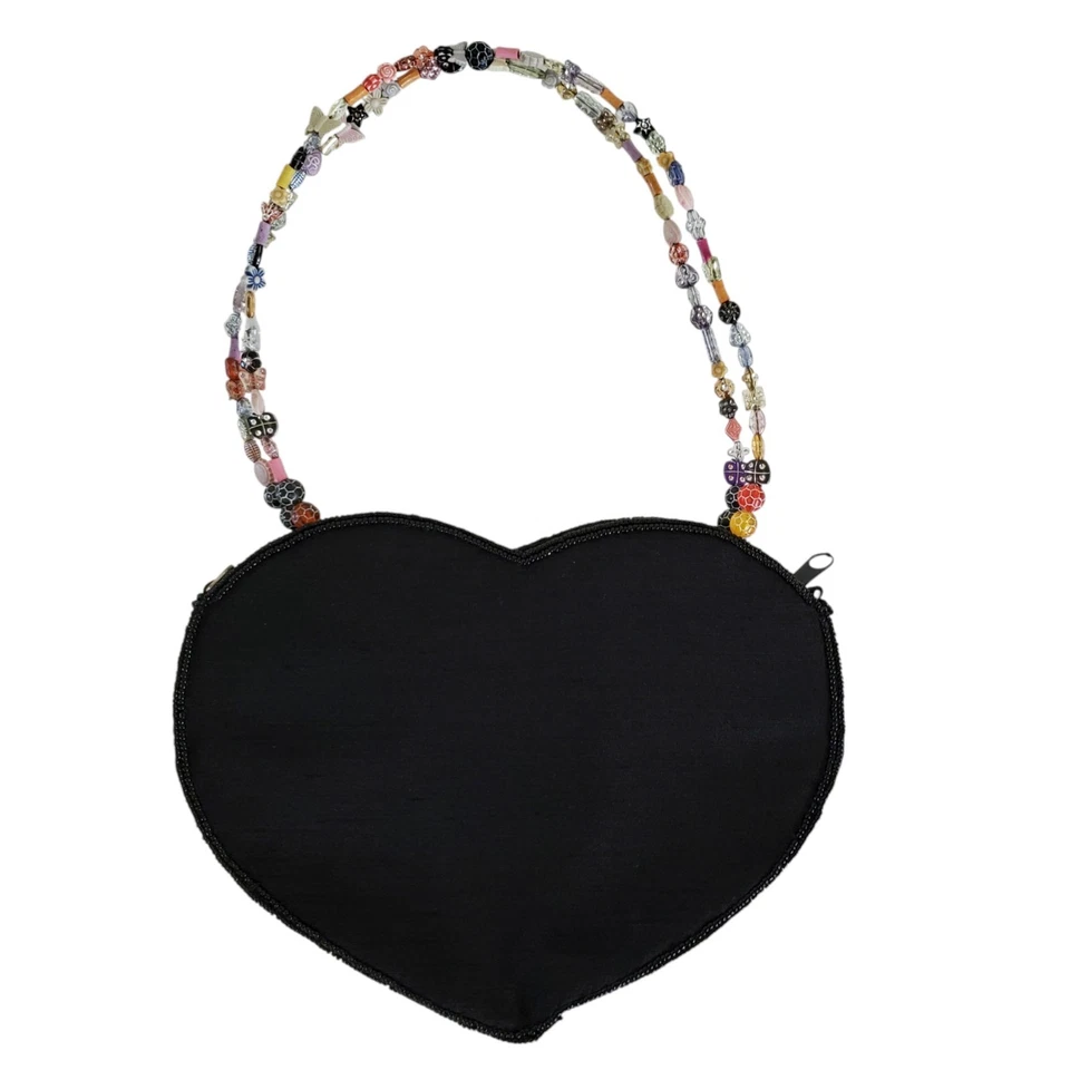 SASHA Beaded Hard Shell Handbag Purse Heart Shape Linen Back Zipper Lined - Image 3 of 4