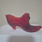 Fenton Glass Slipper Shoe Ruby Red Cabbage Rose Pattern