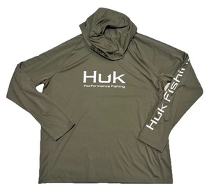 Huk Fishing Size Large Hooded Pullover Shirt Long Sleeve Green/Gray Poly