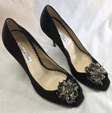 Oscar de la Renta Women's 39 Black Crystal Embellished Peep Toe Heels Italy New