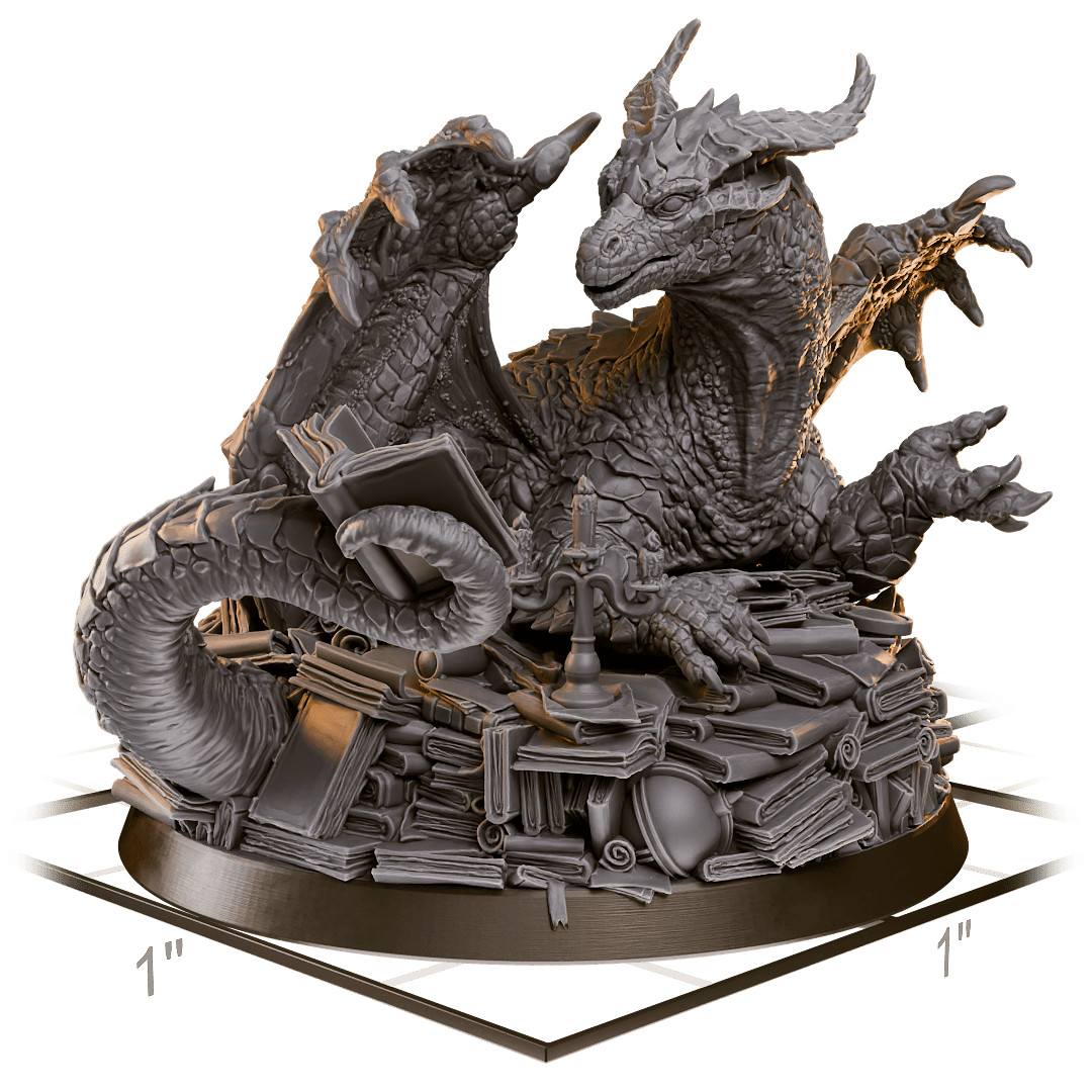 Archive Dragon on Book Hoard 32mm Scale Resin Miniature D&D RPG Scholar