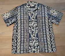 Vintage Hilo Hattie Men's Blue Floral Bark Cloth Hawaiian Button-Down Shirt XL