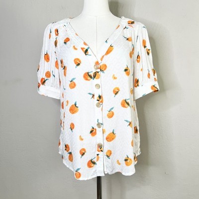 Maeve Anthropologie Orange Fruit Print Button Front Blouse White Rayon Size 8