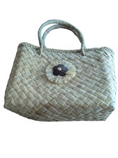 Large Handwoven Straw Tote Bag Beige Woven Beach Boho Handbag Floral Accent