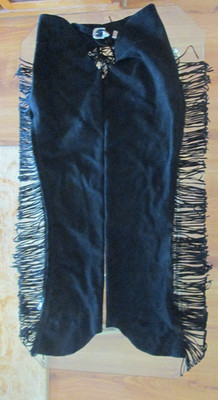 ADULT LARGE BLACK SUEDE LEATHER WESTERN FRINGE CHAPS WAIST 28''-36''
