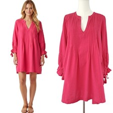 ROLLER RABBIT Hot Pink Swingy Mini Dress Size Medium Pintuck Pleat Long Sleeve