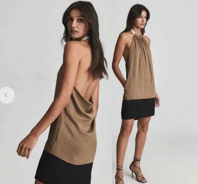 Reiss Pascal Drape Back Mini Elegant Tan and Black Halter Dress