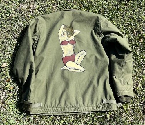 1950s 1960s Rare True Vintage Navy Deck Jacket Military War Art Pin Up Doll WW2