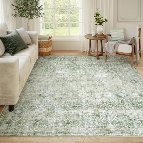 Washable Area Rug 8x10, Green Rugs for Living Room Rugs Non Slip Vintage