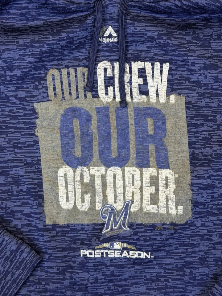 Majestic Sweater Mens XXL Blue Hoodie Milwaukee Brewers Postseason 2018 - Image 3 of 4