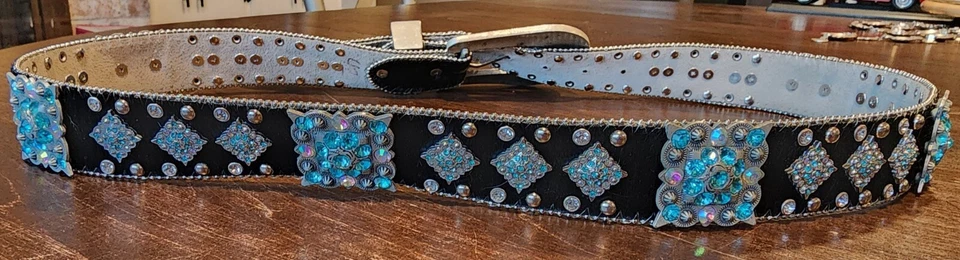 BHW Western Bling Belt Black Leather Silvertone Rhinestone Turquoise Studs 47" - Image 3 of 4