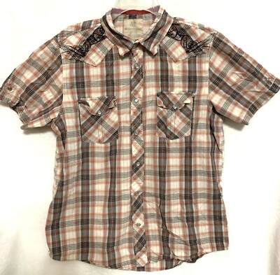 VINTAGE By Route 66 Pearl Snap Western Shirt Mens LG Plaid, Embroidered Design