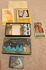 Vntg 1920s Art Deco 7 Piece Golden Peacock Box Set; Powder, Milk Glass, Bottles