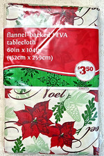 PEVA Flannel Backed Christmas Tablecloth Multi-Color Poinsettia Noel 60"x104"