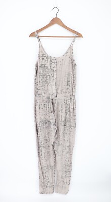 ENZA COSTA Print Strappy  Button Up Drawstring Jumpsuit Beige M $245 A1 106