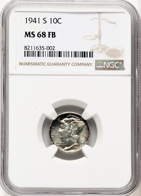 1941-S Silver 10C Mercury Dime NGC MS68 Full Bands High Grade