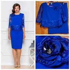 WOMEN BLUE SUIT SET WITH SKIRT AND FLOWER BROOCH