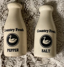 Vintage Country Fresh Milk Bottle Salt & Pepper Shakers with Picture of Ducks