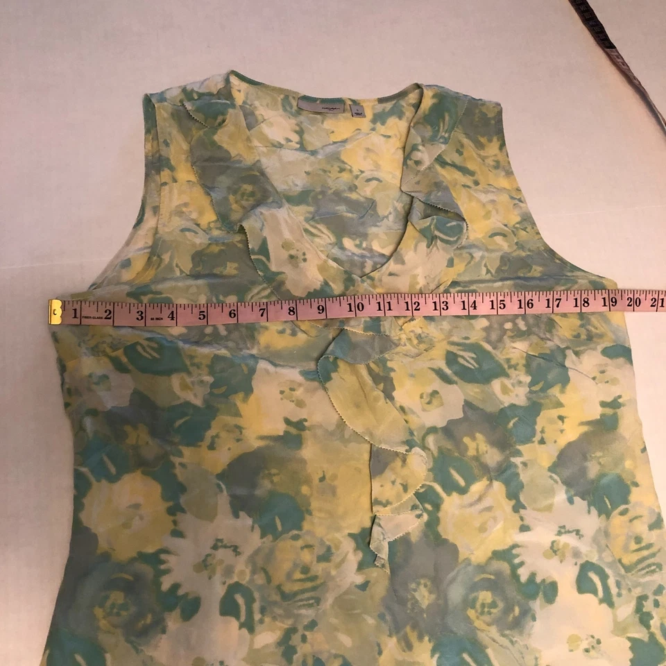 Blusa sin mangas halógena de seda para mujer talla L con volantes floral verde amarillo Foto 4 de 4