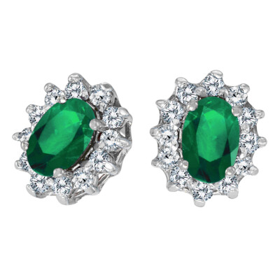 14K White Gold Oval Emerald & .25ctw Diamond Earrings