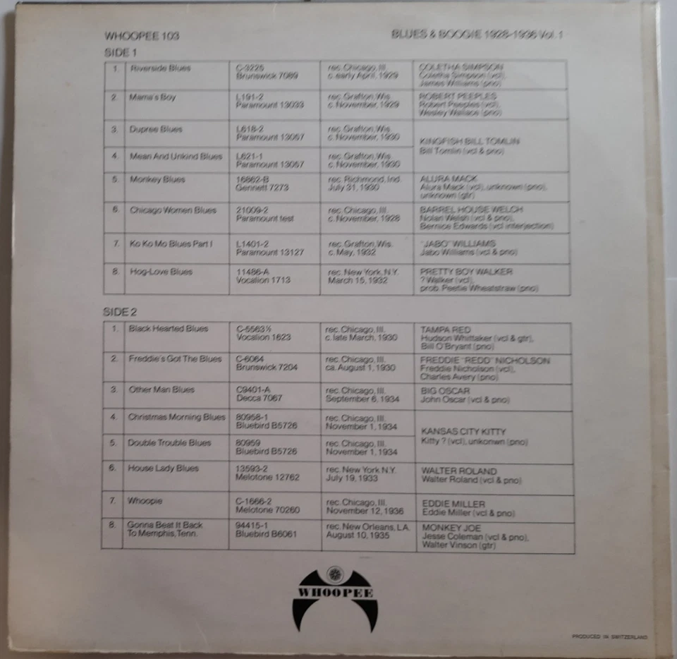 Blues & Boogie - Blues & Boogie 1928-1936 Vol.1 (Whoopee 103) Vinyl LP - Image 2 of 4
