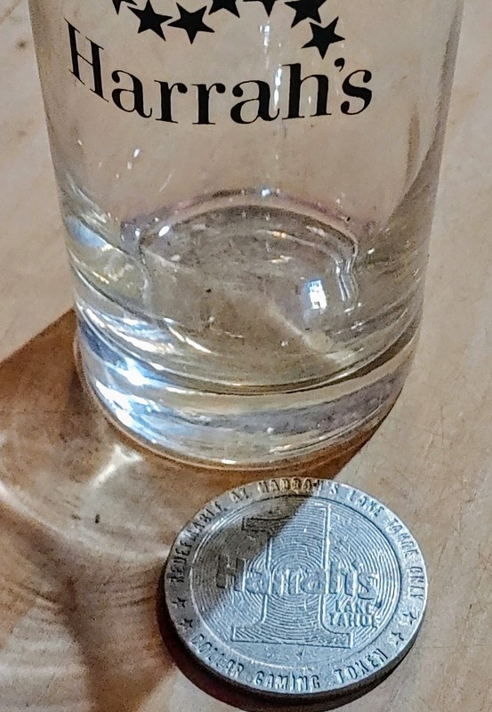 Vintage Harrah’s Casino $1 Metal Chip & Cocktail Glass W/Logo Lake Tahoe, Nevada