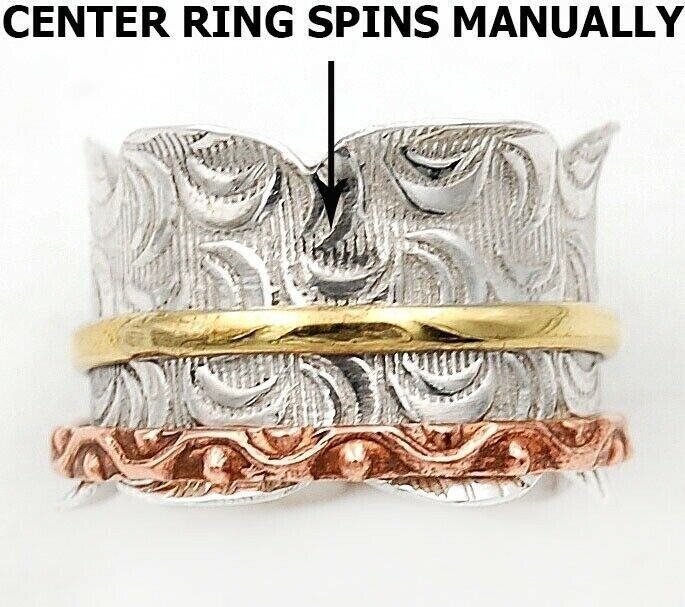 Three Tone-Meditation Spinner 925 Sterling Silver Band Ring Sz 6.5,