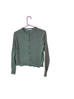 Zara Cardigan Sweater Women Small Green Button Front Crewneck Soft cashmere Knit