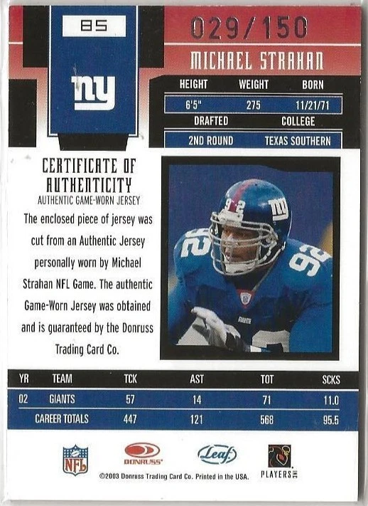 MICHAEL STRAHAN - 2003 Leaf Certified Materials - Mirror Red 29/150 #85  (2239a) - Image 2 of 3