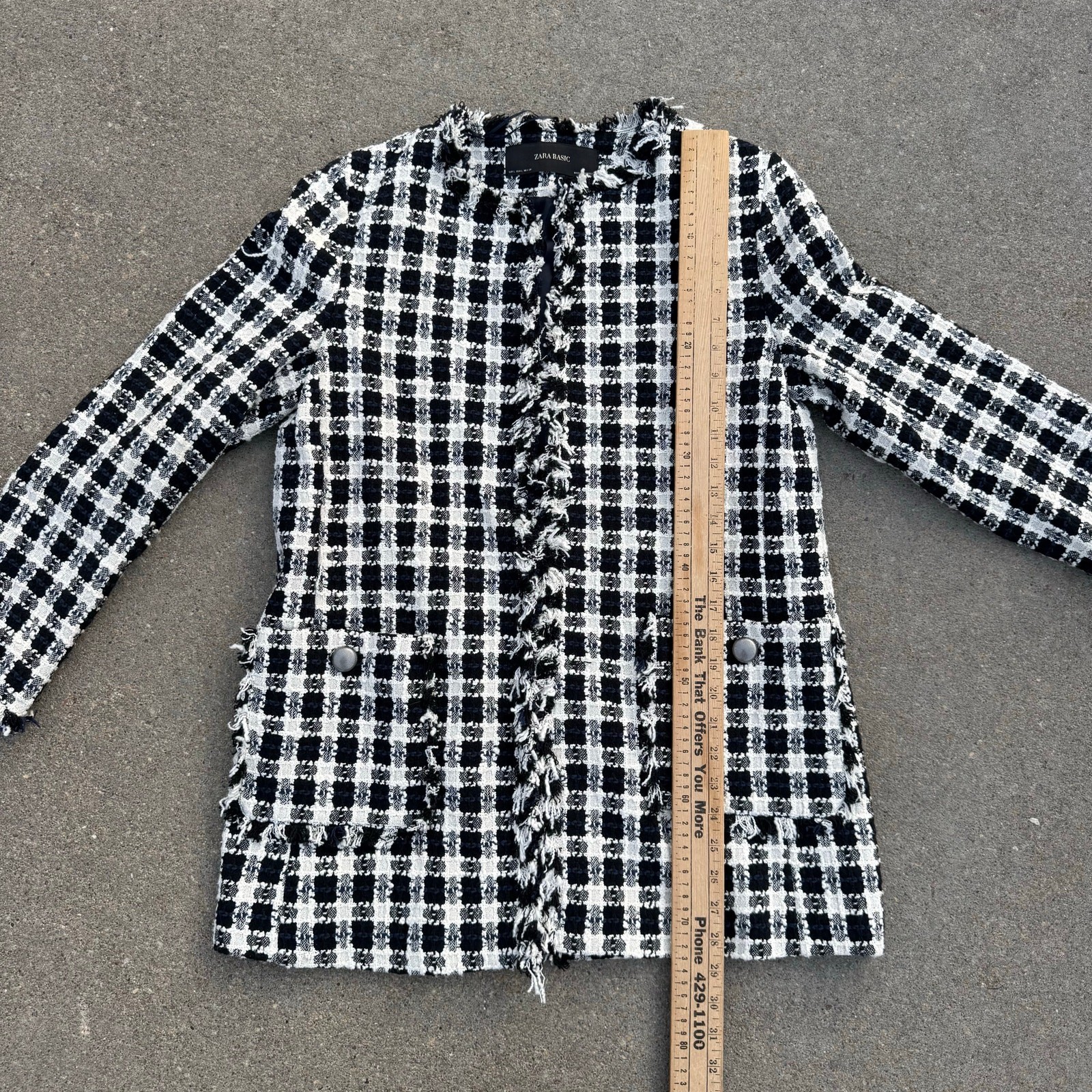 Zara Basic Black White Boucle Tweed Houndstooth Fringe Jacket NWT Large thumbnail 7