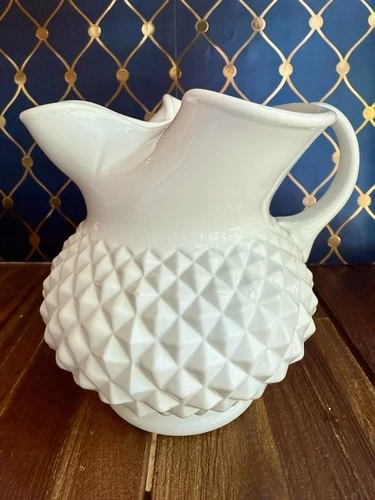 Vintage White Milk Glass Hobnail Art Pitcher w Pinched Spout