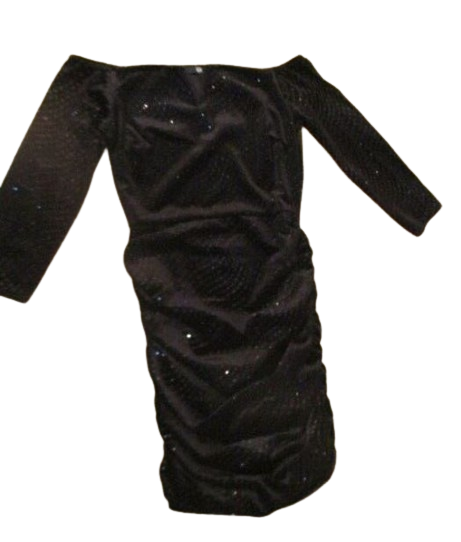 Quiz Black Velvet Glitter VBar Neckline Off Shoulder Ruched Short Bodycon Dress