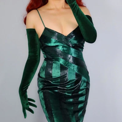 Gants verts émeraude extra longs 70cm velours sexy glamour chic opéra burlesque - Photo 1/4