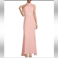 Eliza JSatin Crisscross Halter Neck Pleated Waist Sheath Gown