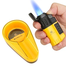 Galiner Windproof Cigar Lighter 4 Jet Flame Torch W/ Punch Ceramic Cigar Ashtray