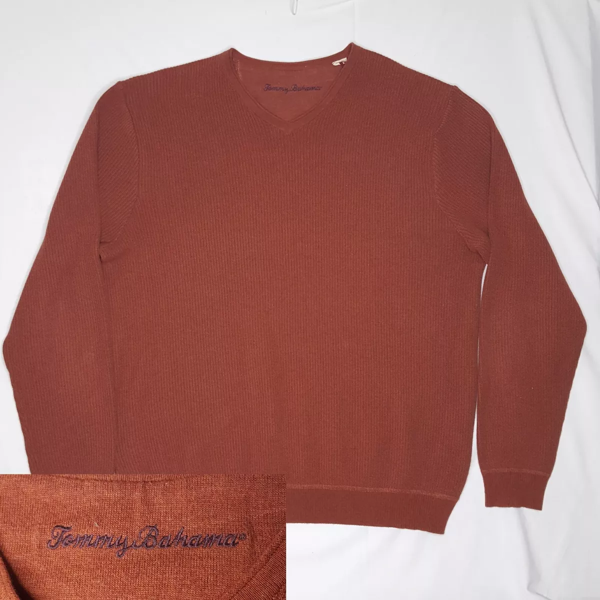 Tommy Bahama Rib Knit V Neck Pullover Sweater Men s Size XL Burnt