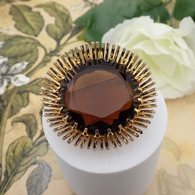 Vtg Kramer of New York Open Back Golden Brown Crystal Spike Surround Pin Brooch
