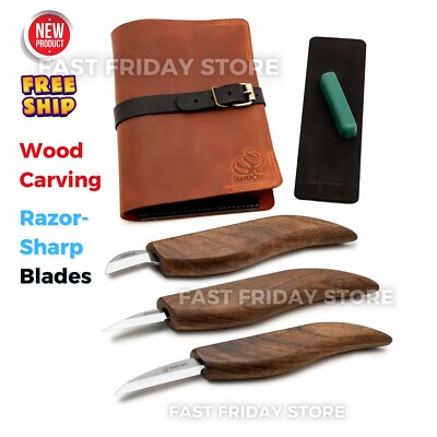 Wood Carving Tool Kit Whittling Knives Strop Set w/ Leather Case for Beginners