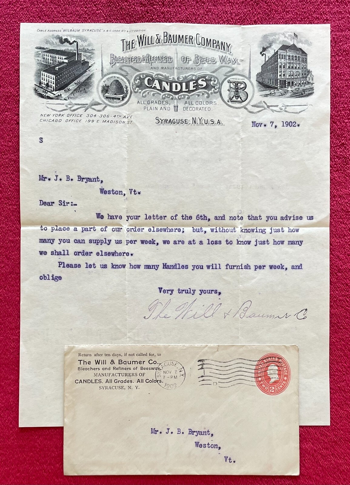 THE WILL & BAUMER CO. CANDLE MAKERS SYRACUSE NEW YORK 1902 LETTER