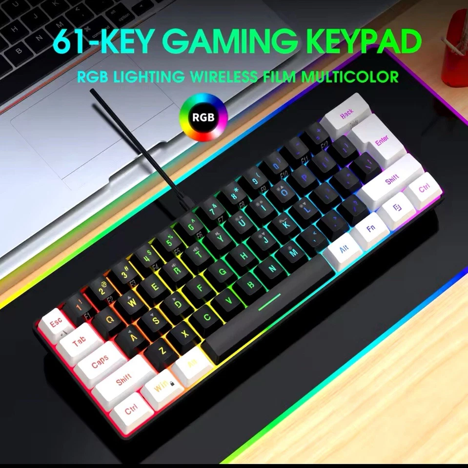 61keys Wired White Black Keyboard RGB Gaming Mouse Office Kit Backlight Keyboard - Image 4 of 4