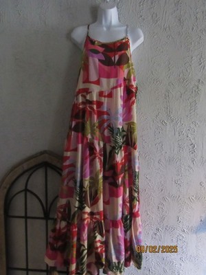 True Destinations XL vibrant tropical print lightweight beach maxi dress tiered