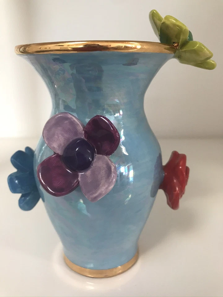 Mary Rose Young Blumenvase Handgefertigt & handbemalt in England. Grün Gold Vase - Bild 2 von 4